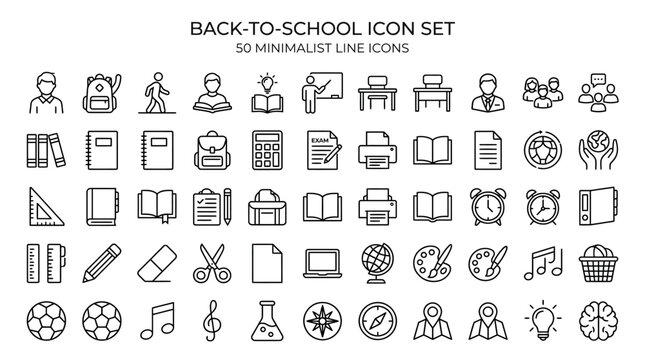 Back-to-School Icon Set: Clean line icons of classroom supplies, learning tools, and school objects for design, branding, and educational visuals.