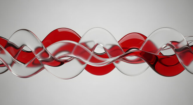Fluid wavy red ribbon embedded in a clear glass wave abstract 3D art