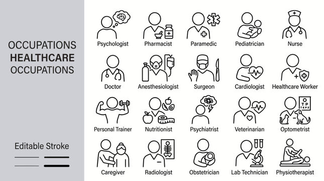 Comprehensive vector icon set of healthcare occupations featuring doctors, nurses, pharmacists and other medical professionals in a clean, professional style