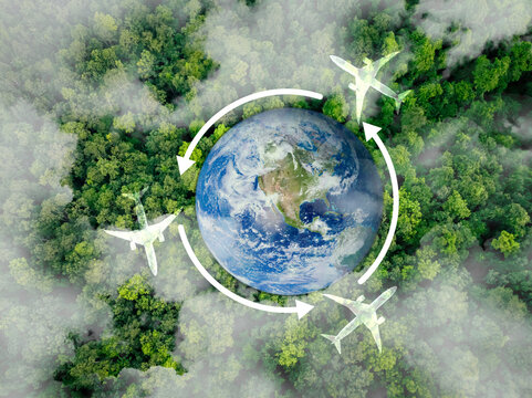 Sustainable aviation. Green flight technology. Use of renewable energy, sustainable aviation fuel, and innovation to reduce carbon emissions. Eco-friendly transportation.