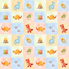Watercolor dinosaur tile pattern with volcano, eggs, footprints and prehistoric characters arranged in a colorful square layout. Suitable for nursery fabric, bedding, apparel and educational products. © Evgeniia