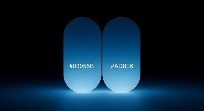 Blue gradient pill shaped color palette with hex codes 03055b and ad8e6