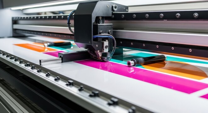 Industrial Large Format Flatbed UV Printer Printing Vibrant Colors on White Substrate in a Professional Print Shop