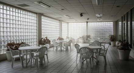 Fototapeta premium Empty Modern Cafeteria with White Plastic Furniture and Glass Block Walls in Bright Indoor Setting