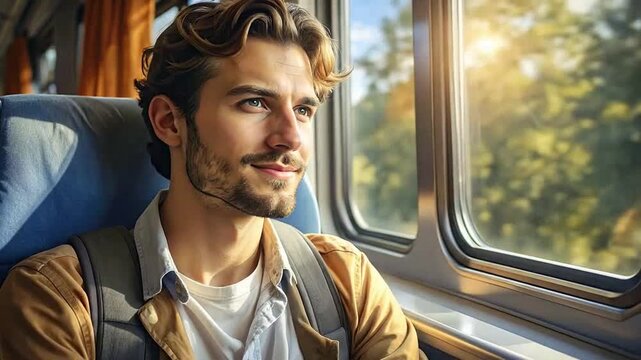 A young man looks out the window while riding a passenger train