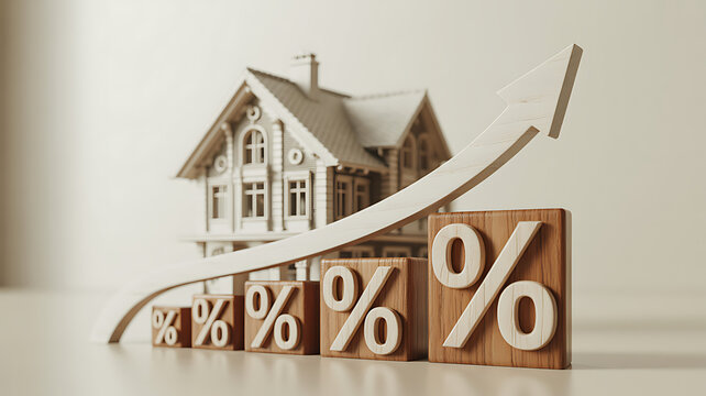 Wooden house model with rising percentage blocks and arrow model house wooden blocks