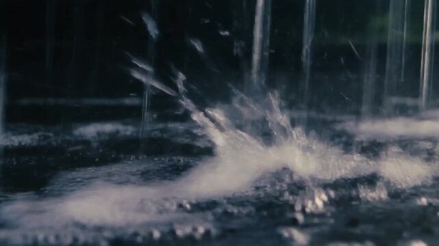 High speed water droplet impact sequence. Close up macro footage of liquid splash crown formation. Crisp water explosion with symmetrical splashes and fine mist. 