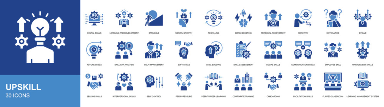 Upskill icon set collection. Hard skill, skill development, skill growth, soft skill icon. Simple glyph color vector.