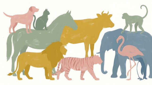Colorful hand painted animal silhouettes including elephant, lion, horse, tiger, isolated on white background