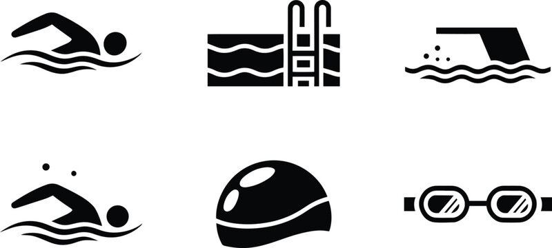 Swimming pool icons set with swimmer swimming cap goggles and diving board vector silhouette for sports web UI design