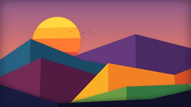 Vibrant flat design illustration showcasing a geometric sunset over a serene layered mountain range, perfect for commercial use.