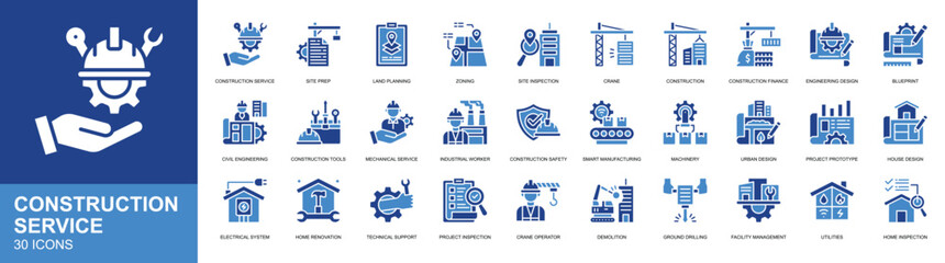 Fototapeta premium Construction Service icon set collection. repair services, home servicee, home repair, installation icon. Simple glyph color vector.