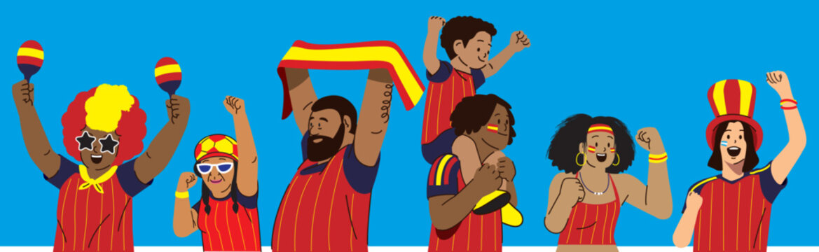 Crowd of spain supporters celebrating victory, jumping and shouting with excitement, vector illustration 