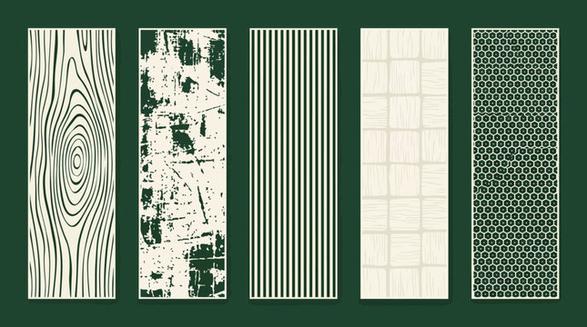 Five abstract texture swatches showcasing wood grain, distressed paint, vertical stripes, grid paper and dotted geometric designs on a dark green background