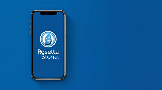 Rosetta Stone language learning app on smartphone screen. Minimal blue background with copy space. Mobile application for education, study, and foreign languages. iPhone mockup display brand logo.