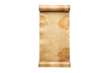 Fototapeta premium Rolled antique parchment scroll with aged paper texture and dark brown stains for historical documents isolated on a transparent background
