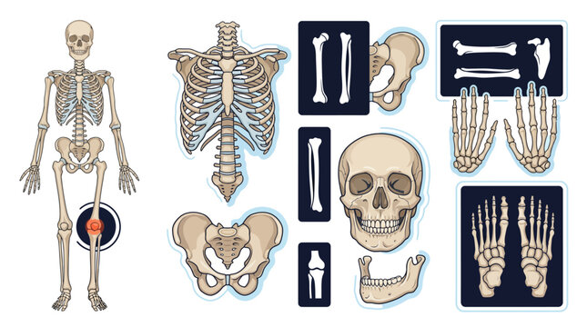 Educational anatomy illustration of the human skeletal system showing skull, rib cage, spine, pelvis, hands and feet for medical study and reference