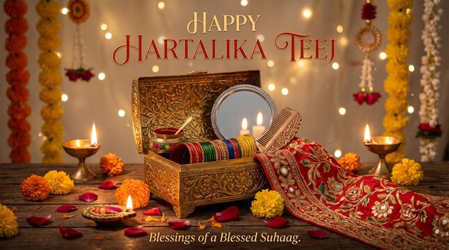 Happy Hartalika Teej festival celebration with golden puja thali, diya, flowers, and blessings for married women 3D vector design