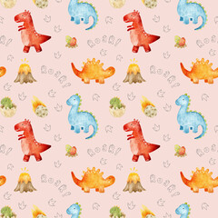 Seamless watercolor dinosaur pattern with volcanoes, eggs, footprints and roar lettering on pink. Repeating design for fabric, pajamas, bedding, nursery textiles, wrapping paper and party supplies. © Evgeniia