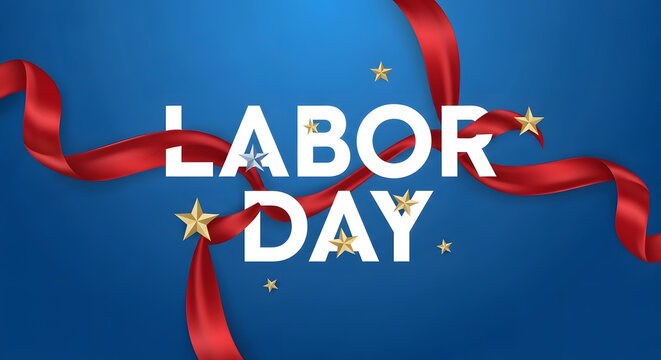 Labor day celebration graphic with red ribbon and stars