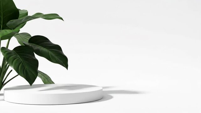 White circular 3D pedestal platform in the lower left corner on a plain white background with green tropical plant leaves and shadows for minimalist product exhibition and display.