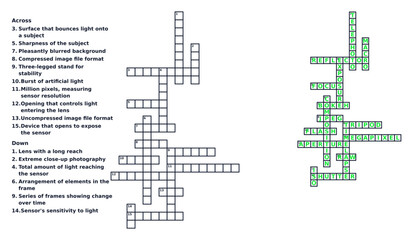 Obraz premium Photography vocabulary crossword puzzle. Camera terms word game vector template with solution. Isolated on transparent background