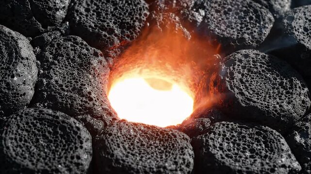 Glowing Volcanic Hole in Rough Stone - A close-up view of a circular hole in rough, porous volcanic stone, illuminated by a bright, glowing rim of light.