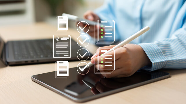 Businesswoman reviewing and approving digital documents on tablet, verifying contracts, certificates, compliance requirements, legal records, and business decisions through secure workflow processes.
