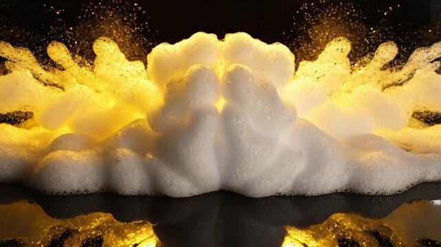 Foam formations rise from the corners and glow with warm yellow backlight on a reflective black surface, creating a smooth abstract motion background with soft texture and modern atmospheric lighting.