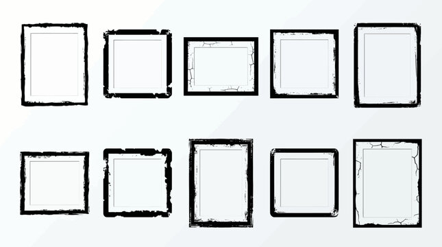 Nine hand-drawn sketchy empty picture frames arranged in two rows, versatile mockup design element for layouts and presentations