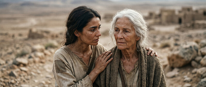 Bible, A powerful, intimate close-up portrait of Ruth and her mother-in-law, Naomi. They are walking together along a rugged desert path, Ruth&rsquo;s hand gently placed on Naomi&rsquo;s shoulder. 