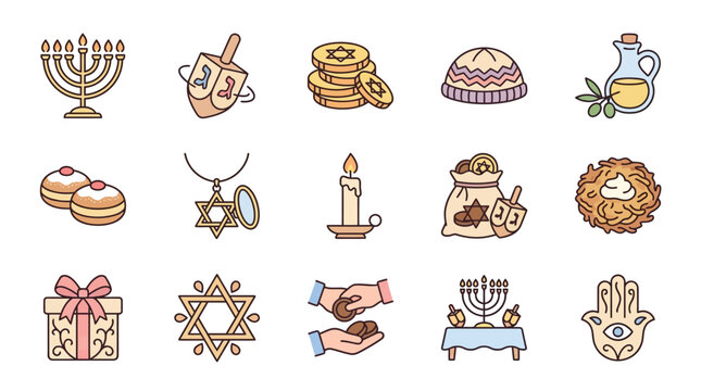 Colorful Hanukkah Icons Featuring Menorah and Dreidel