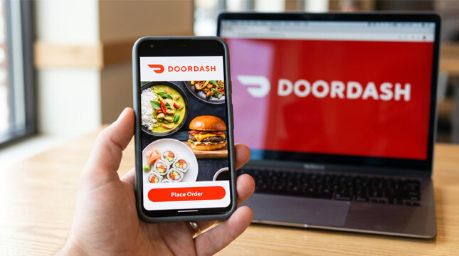 Hand holding a smartphone displaying the DoorDash food delivery mobile application interface with a Place Order button. Laptop showing brand logo in background on a wooden table. Brand logo photo