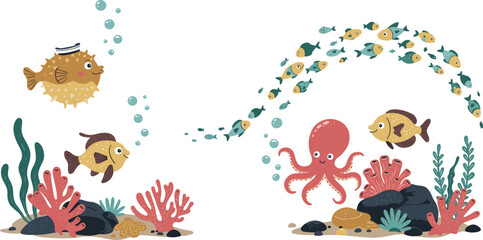 Cute cartoon octopus and fish underwater with coral reef and sea plants, marine animals vector illustration © allustra