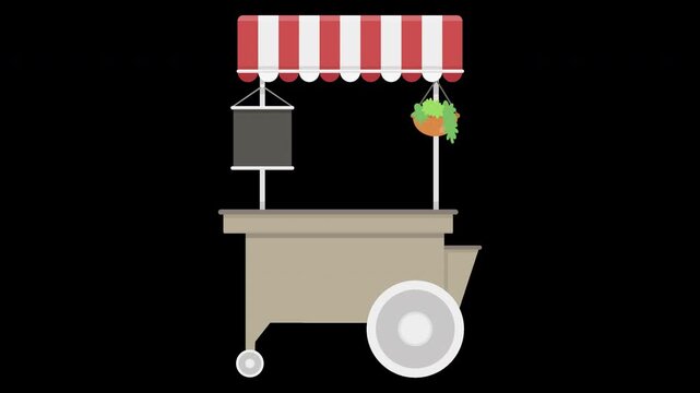Flat vector of a vintage mobile food stall with striped awning on black background