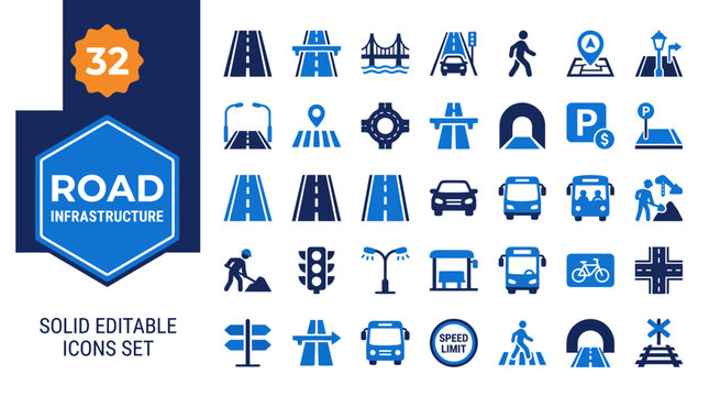 Blue line road infrastructure icon set with 49 vector icons for traffic signs, road features, construction, safety, and transportation assets.