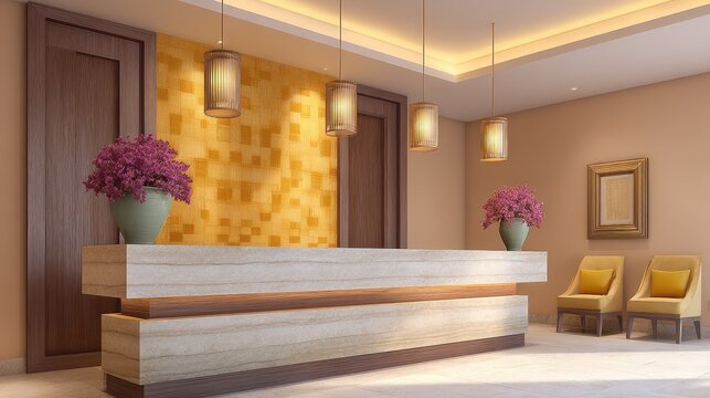 Modern hotel reception area featuring elegant design, stylish lighting, and vibrant floral arrangements in a warm and inviting environment
