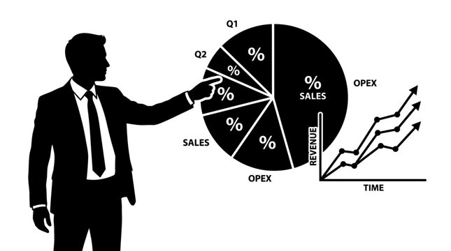 A businessman presents a pie chart and line graph illustrating sales and opex trends over time.
