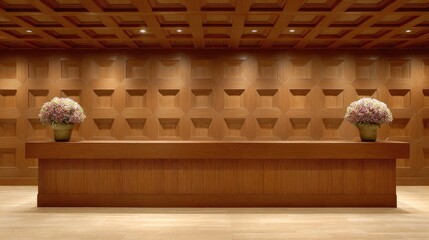 Obraz premium Modern Reception Area with Stylish Wooden Paneling and Elegant Floral Arrangements in Contemporary Interior Design Setting
