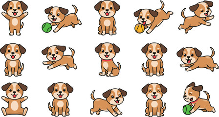 Fototapeta premium Cute cartoon puppy dog set, playful pet characters in different poses, adorable dog mascot clipart, vector illustration