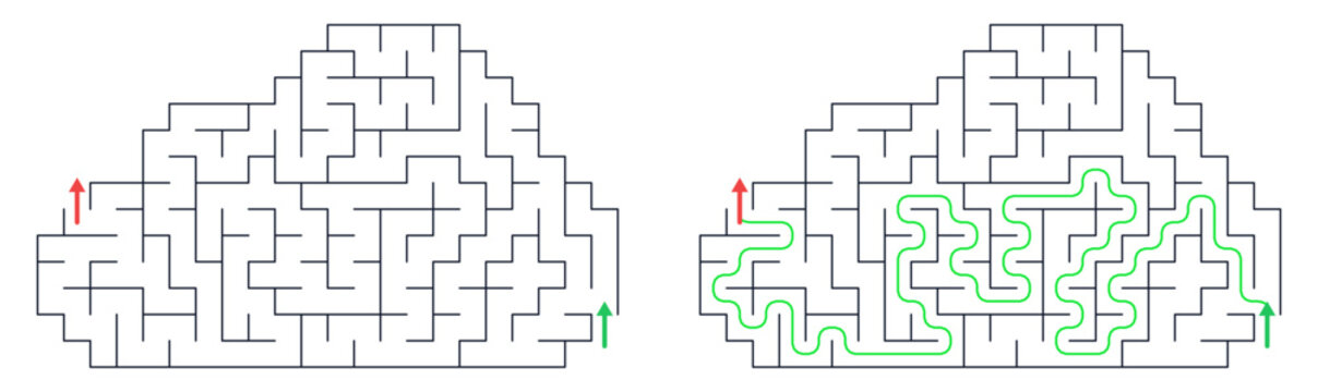 Weather themed maze puzzle with solution path. Cloud shaped labyrinth game grid for kids activity. Minimalist line art vector illustration isolated on transparent background