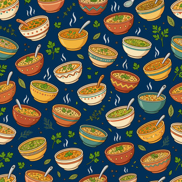 Assortment of steaming bowls of soup with herbs and spices