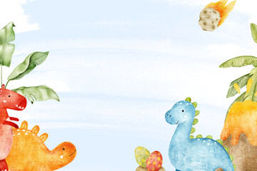 Watercolor dinosaur frame with prehistoric characters, volcano, eggs and tropical leaves. Decorative composition with central space for text. Suitable for invitations, posters and party stationery. © Evgeniia