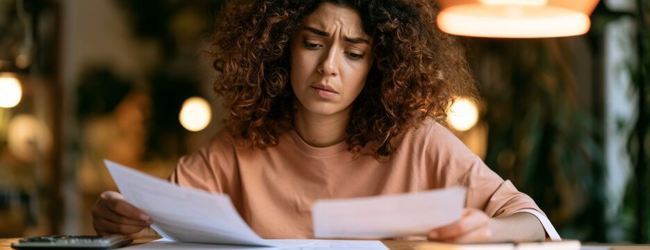 Young woman checking bills with concerned expression at home  
