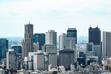 青空の下、東京湾へと広がる高層ビル群の東京都市景観を見渡す眺め © yoshi