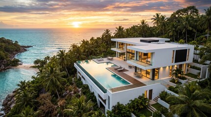 Fototapeta premium Modern white tropical beach house with pool at sunset