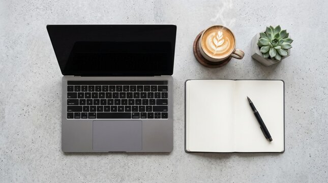 Laptop computer with notebook and coffee on a desk with a plant
