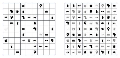 Travel themed picture sudoku puzzle game. Logic brain teaser worksheet  with travel icons and solved grid © Svetlana
