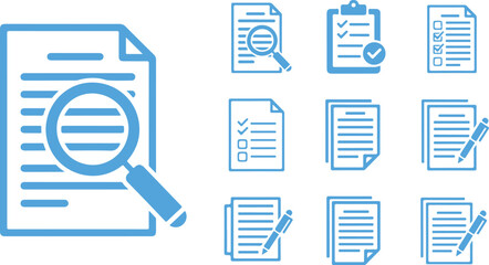 Collection of blue document analysis and checklist icons with document checklist magnifying analysis business management information verification illustration planning organization approval © brandesiner
