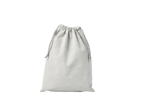 Single empty light gray fabric drawstring pouch bag with a soft texture for product packaging mockup isolated on a transparent background